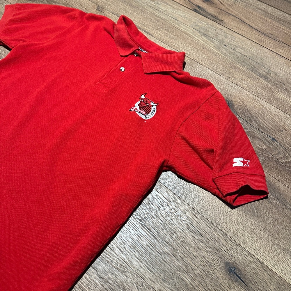 Vintage Starter Red Chicago Bulls Polo Shirt Mens Size Medium NBA Made in USA